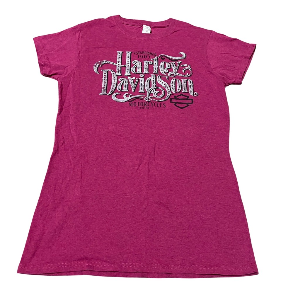 Harley-Davidson Womens Berry Pink Glitter Graphic Tee Farrow North Ohio Size M - Picture 2 of 5